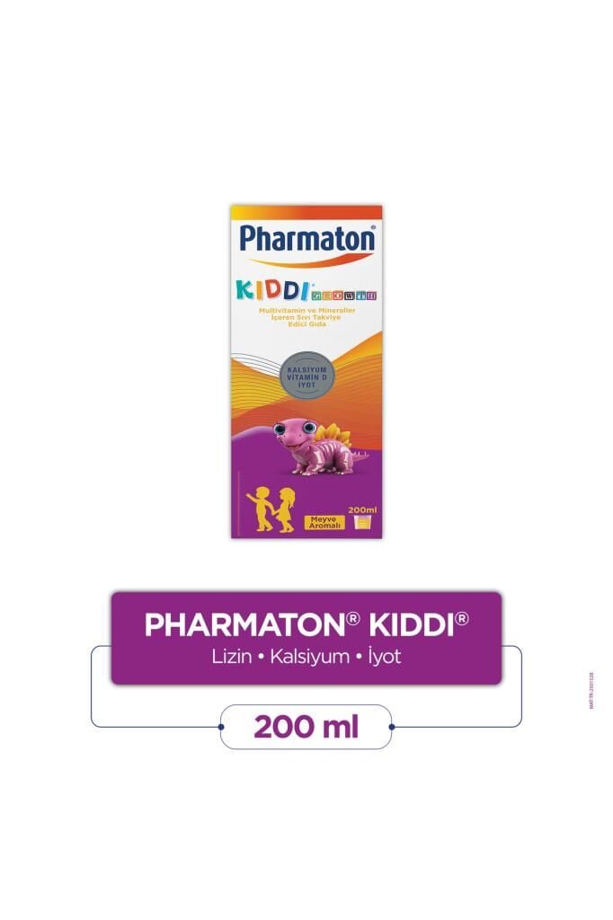 Pharmaton Kiddi Growth Kalsiyum Vitamin D İyot İçeren Takviye Edici Gıda Meyve Aromalı Şurup 200 ml