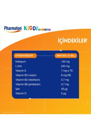 Pharmaton Kiddi Growth Kalsiyum Vitamin D İyot İçeren Takviye Edici Gıda Meyve Aromalı Şurup 200 ml