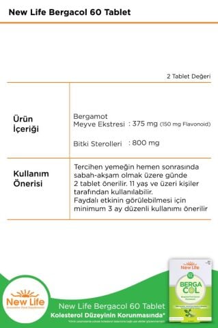 New Life Bergacol 60 Tablet - Bergamot Meyve Ekstresi ve Bitki Sterolleri