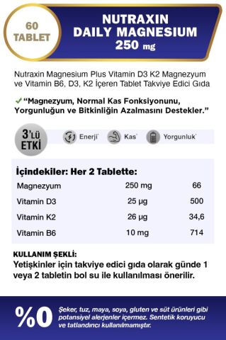 Nutraxin Magnezyum Daily Energy 250 Mg 60 Tablet - Magnesium, D3, K2, B6