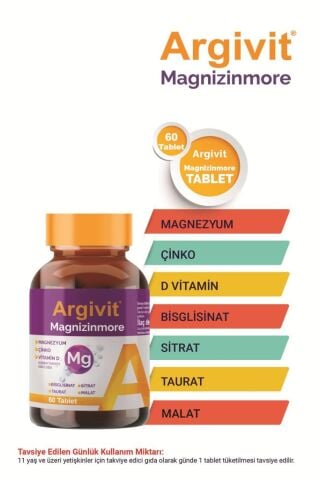 Argivit Magnizinmore Magnezyum, Çinko Ve Vitamin D Içeren Takviye Edici Gıda 60 Tablet
