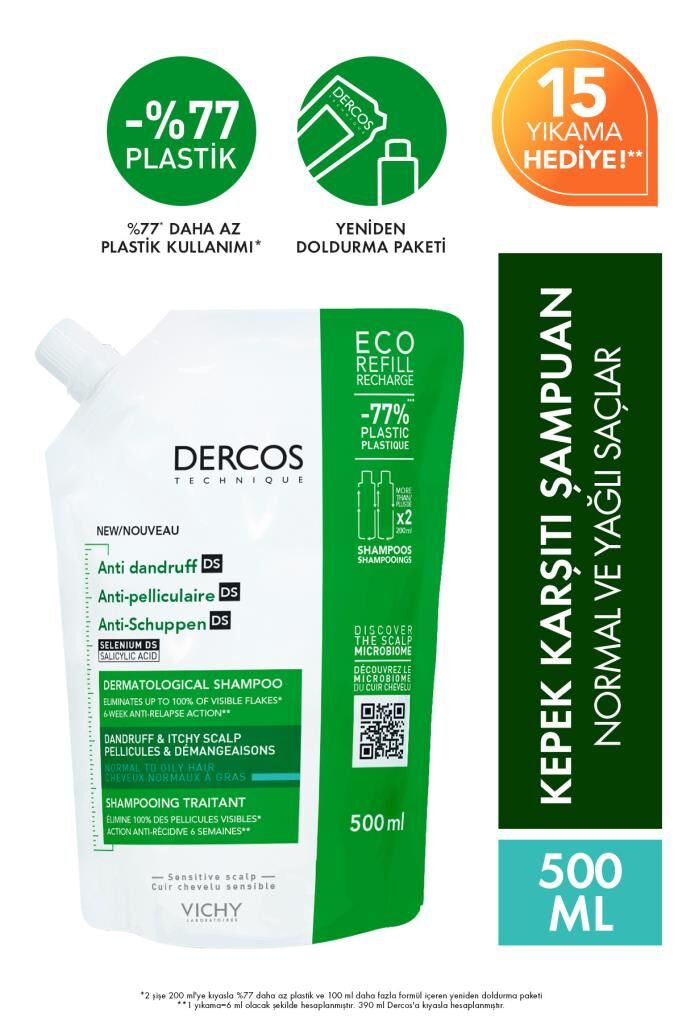 Vichy Dercos Anti-dandruff Kepek Karşıtı Şampuan, Normal & Yağlı Saçlar, Yeniden Dolum Paketi 500 Ml