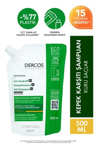 Vichy Dercos Anti-dandruff Kepek Karşıtı Bakım Şampuanı, Kuru Saçlar , Yeniden Dolum Paketi 500 Ml