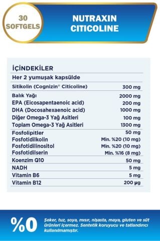 Nutraxin Citicoline 300 mg 30 Softgel – Omega 3, DHA, EPA, Koenzim Q10, B6 B12 İçeren Takviye Sitikolin