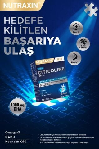 Nutraxin Citicoline 300 mg 30 Softgel – Omega 3, DHA, EPA, Koenzim Q10, B6 B12 İçeren Takviye Sitikolin