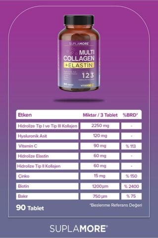 Suplamore Multi Collagen & Elastin Tip1 Tip2 Tip3 Hidrolize Kolajen 90 Tablet