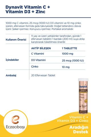 Dynavit Vitamin C + Vitamin D3 + Çinko Zinc Tablet