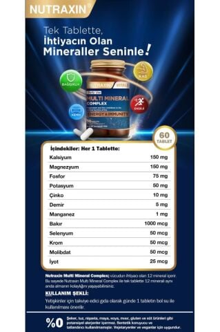 Nutraxin Multi Mineral Complex 60 Tablet Magnezyum, Kalsiyum, Çinko, Demir, İyot, Krom