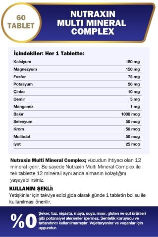 Nutraxin Multi Mineral Complex 60 Tablet Magnezyum, Kalsiyum, Çinko, Demir, İyot, Krom