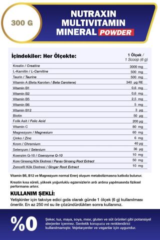 Nutraxin Multivitamin Mineral Powder 300 Gr Magnezyum, Taurin, Kreatin, L Carnitin, Ginseng, Co10, Energy