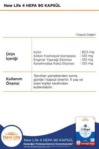 New Life 4 Hepa 90 Yumuşak Kapsül - Silibin Fosfolipid - Kolin - Enginar Yaprağı ve Karahindiba Kök Ekstresi