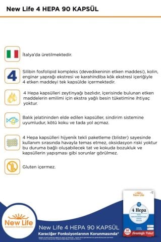 New Life 4 Hepa 90 Yumuşak Kapsül - Silibin Fosfolipid - Kolin - Enginar Yaprağı ve Karahindiba Kök Ekstresi