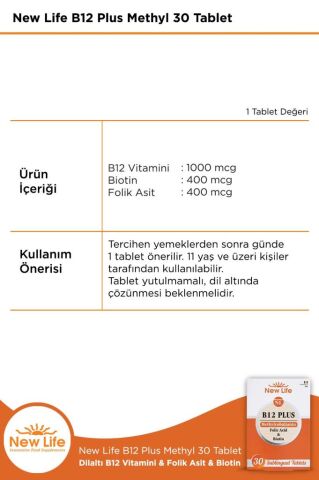 New Life B12 Plus 30 Dilaltı Tablet - B12 Vitamini - Folik Asit - Biotin