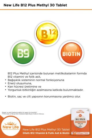 New Life B12 Plus 30 Dilaltı Tablet - B12 Vitamini - Folik Asit - Biotin