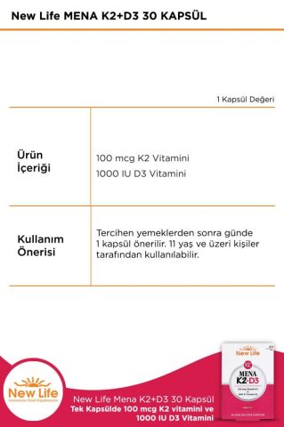 New Life Mena K2 D3 30 Kapsül - 100mcg K2 Vitamini + 1000IU D3 Vitamini