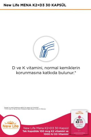 New Life Mena K2 D3 30 Kapsül - 100mcg K2 Vitamini + 1000IU D3 Vitamini