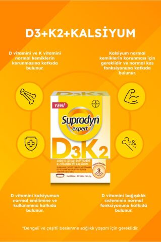 Supradyn Expert Tablet D3 Vitamini, K2 Vitamini ve Kalsiyum İçeren Takviye Edici Gıda