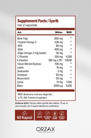 Ocean Vision Omega 3 + EPA & DHA, Lutein, Zeaksantin, Resveratrol, Glutatyon, C Vitamini, Çinko 60 Kapsül