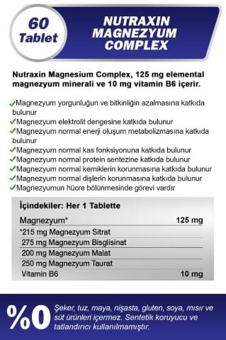 Nutraxin Magnezyum Complex 2. %50 - 2x60 Tablet - Bisiglinat - Taurat - Malat - Sitrat - B6